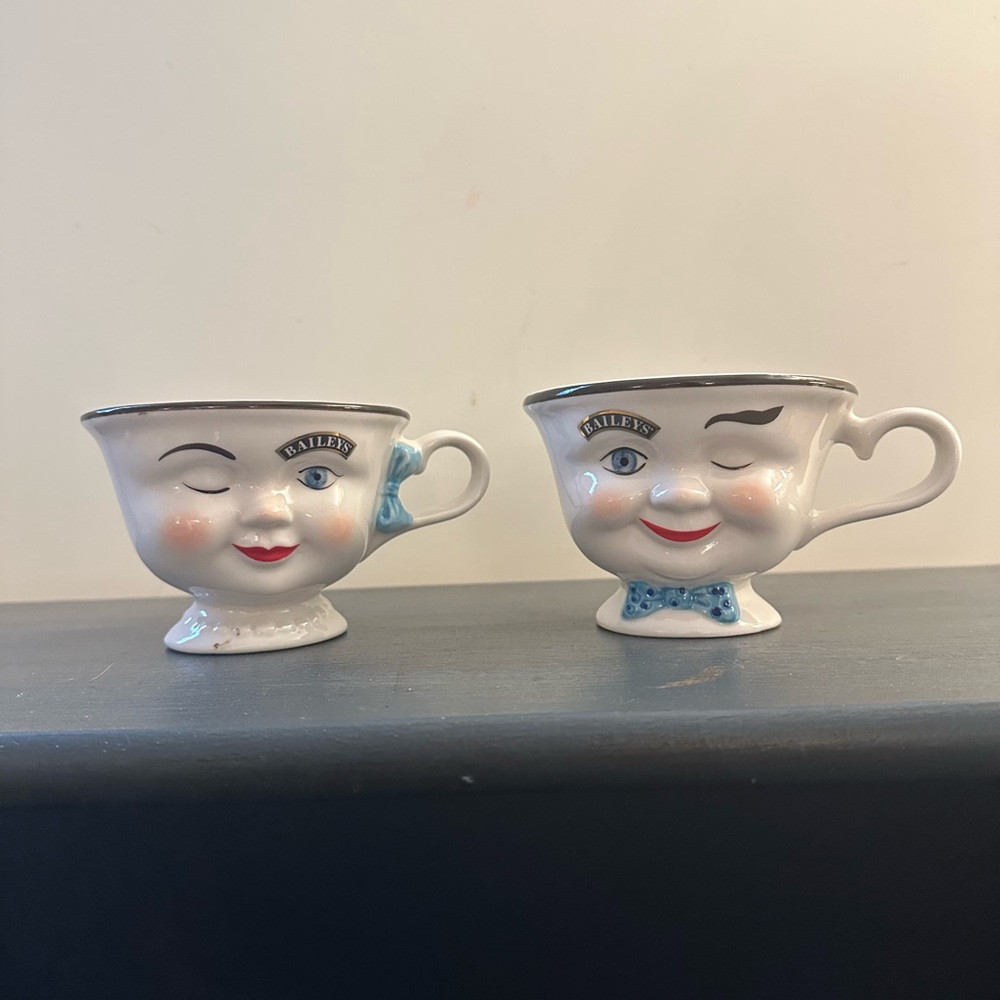 Vintage 1990s Baileys Irish Cream "Mr. and Mrs. Yum" winking face ceramic mugs